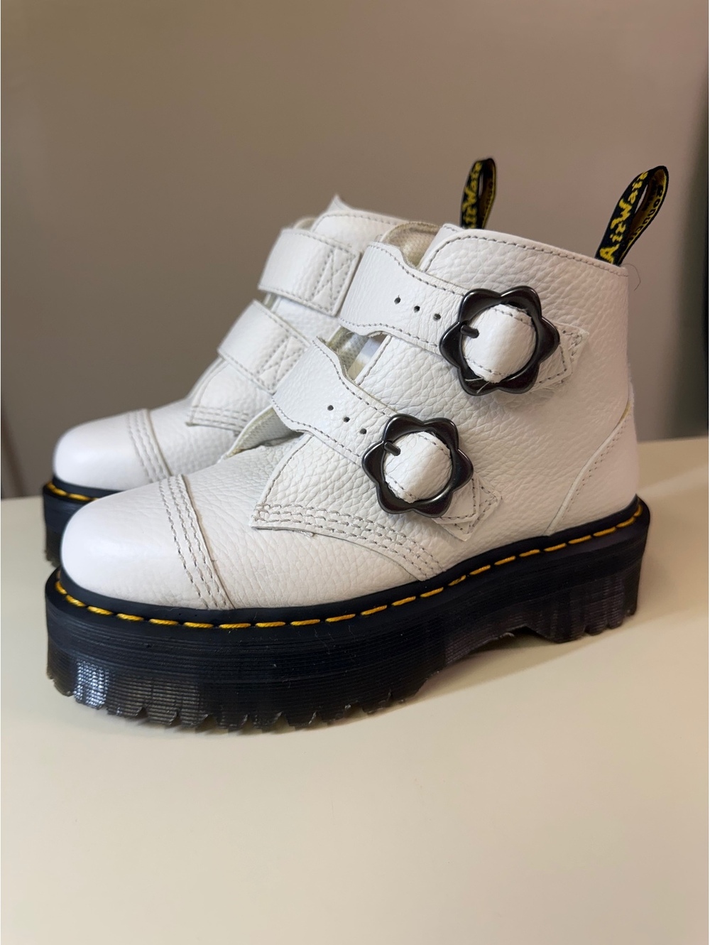 Dr. Martens White Leather Platform Ankle Boots with Floral Buckles
